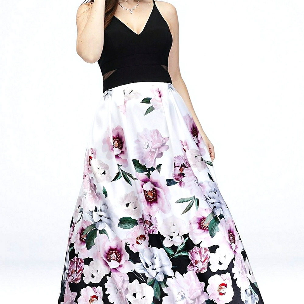 Sz 12 David's Bridal Black/Floral V-Neck Formal